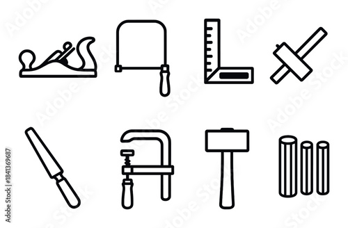 Black and gray woodworking tools icons on dark background