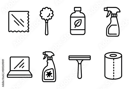 Essential cleaning tools: cloth, duster, bottle, spray, laptop, squeegee, towel