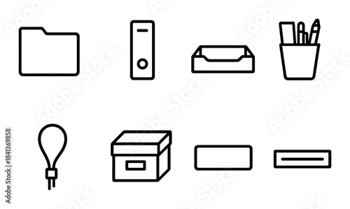 Outline icons of office supplies: folder, cabinet, tray, stationery, bulb, box