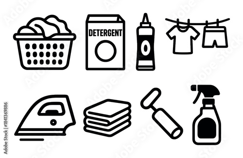 Laundry essentials icons: detergent, iron, clothesline, iron, cleaning supplies