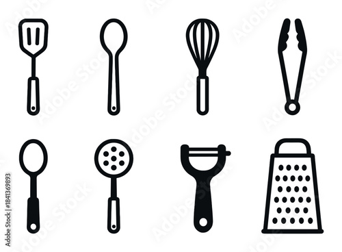 Silhouette kitchen utensils set on dark background