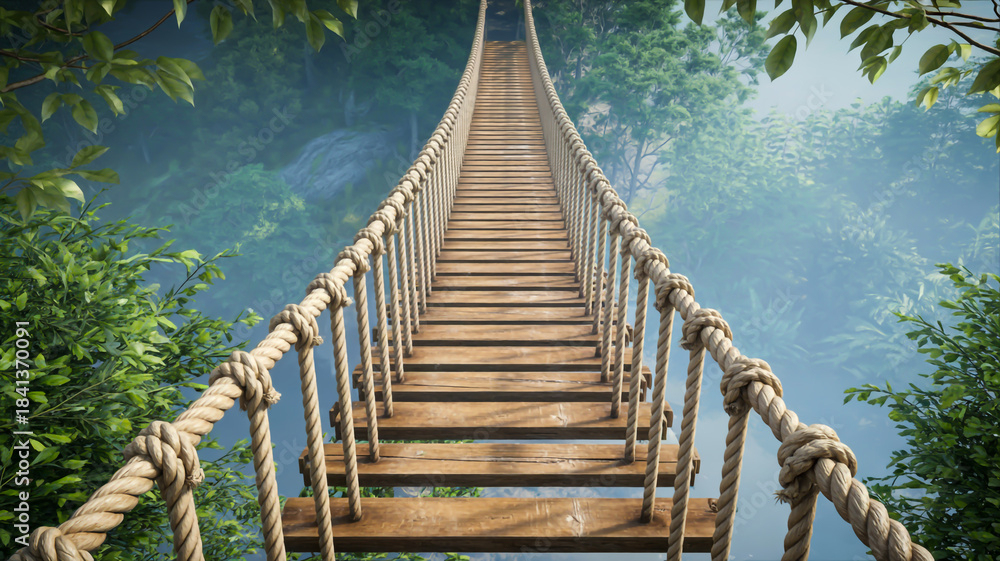 Fototapeta premium A photorealistic image of a wooden rope bridge suspended over a misty forest landscape