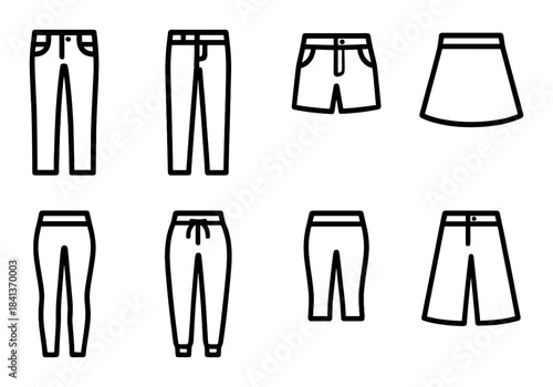 Collection of various trouser and skirt outlines on black background