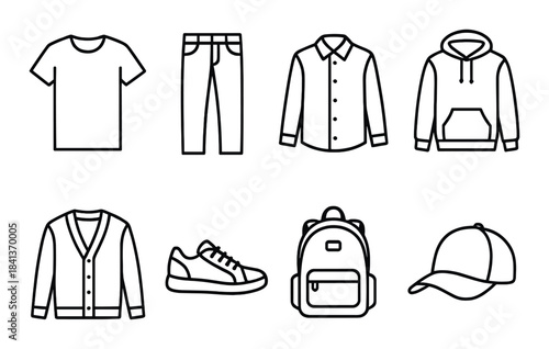 Outline icons of casual clothing and accessories on dark background