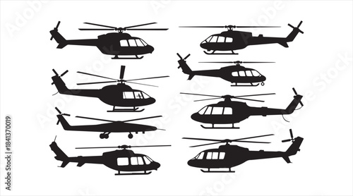 Helicopter silhouette pack with diverse aircraft styles suitable for emergency, military, rescue, and aviation illustrations