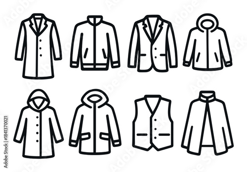 Vector outlines of various outerwear and jackets on dark background