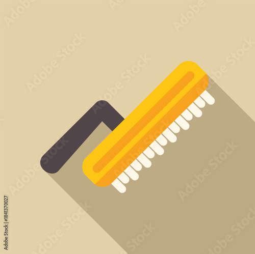Yellow scrub brush with white bristles and a dark gray handle in flat design