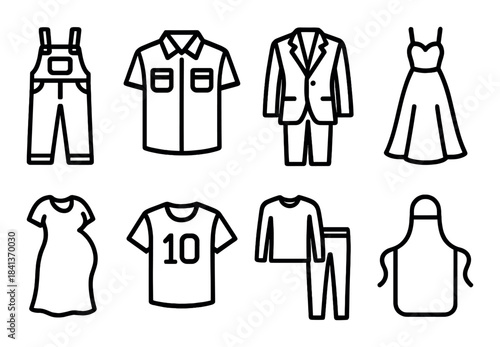 Variety of clothing icons: dress, suit, shirt, overalls, maternity, sports, apron