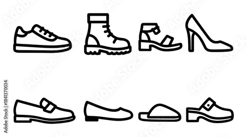 Silhouettes of diverse footwear styles on dark background