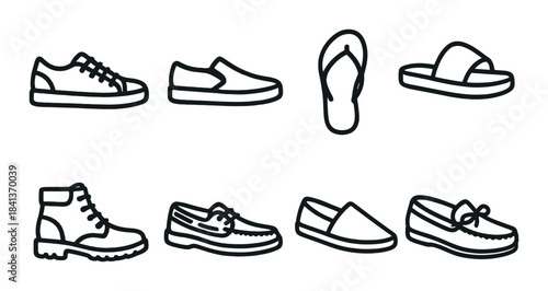 Outline collection of various footwear types on dark background