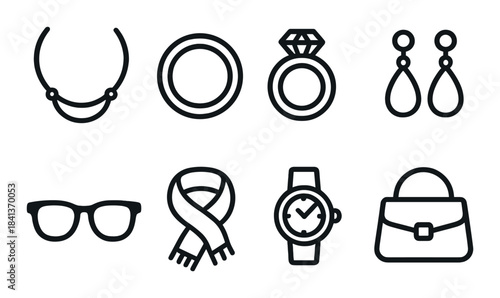 Elegant monochrome fashion icons featuring jewelry and accessories