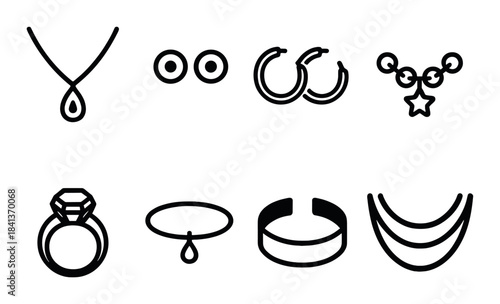 Minimalist jewelry icons on black background featuring necklace, earrings, rings, and bracelets