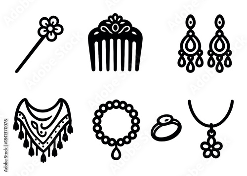 Elegant silhouettes of jewelry: earrings, necklace, ring, hairpin, comb