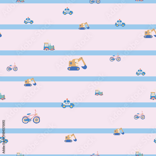 Cars and Construction Vector Seamless Pattern Vehicles Pattern Seamless Vector Design with Diggers, Bikes Excavators