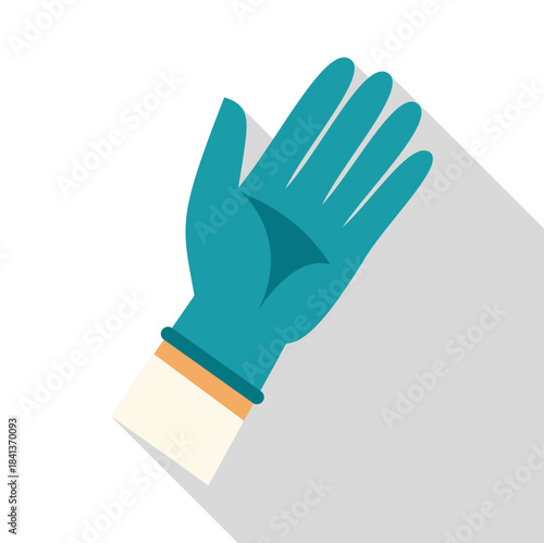Hand wearing a blue protective medical glove on white background with long shadow