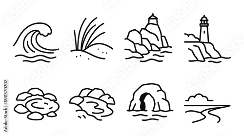 Minimalist coastal icons: waves, lighthouse, rock formations, and beach scenes