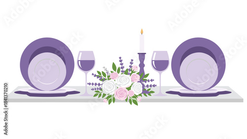Beautifully set table with purple plates and glasses and a floral centerpiece on a white tablecloth for a romantic dinner