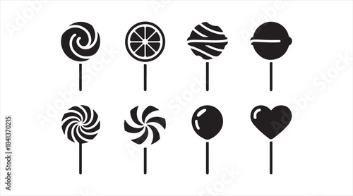 Set of candy and lollipop icons showing swirl, round, citrus, and heart-shaped sweets for confectionery and dessert design