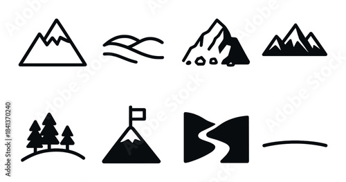 Collection of mountain and nature icons in black silhouette style