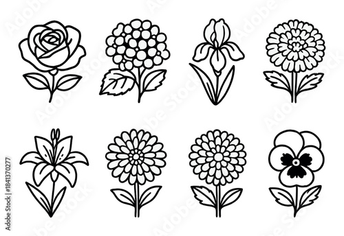 Monochrome floral set: diverse flower icons on black background