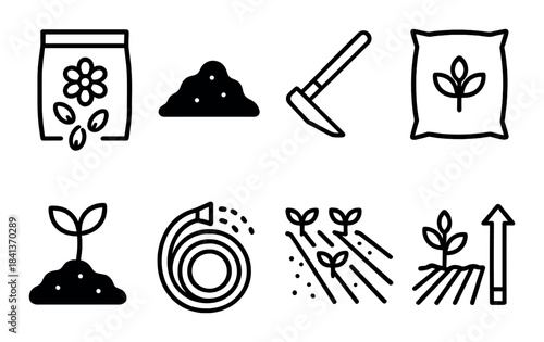 Gardening icons: seeds, plants, tools, growth and soil symbols on brown background