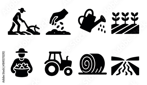 Set of farming icons: agriculture, planting, and harvesting symbols