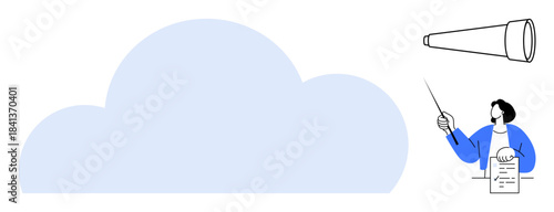 Individual holds document, gestures with pointer towards telescope alongside a large cloud. Ideal for planning, vision, innovation, strategy, research, communication simplicity. Minimalist flat