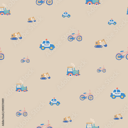 Cars and Construction Vector Seamless Pattern Vehicles Pattern Seamless Vector Design with Diggers, Bikes Excavators
