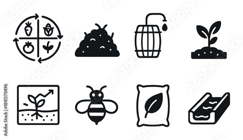 Sustainable farming icons highlighting crop rotation, compost, and irrigation