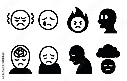 Collection of dark emotion icons featuring sadness and anger themes