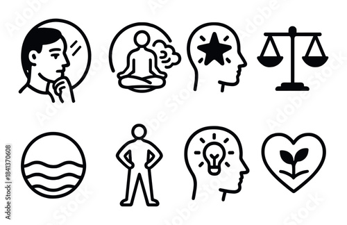 Mindfulness and mental health icons: meditation, balance, growth, inspiration, reflection