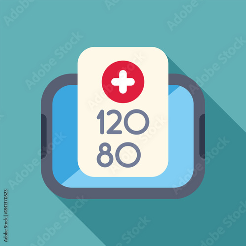 Tablet displaying blood pressure readings and medical cross in a telehealth application