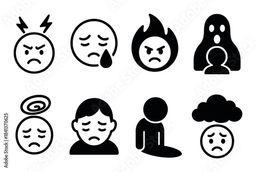 Set of eight sad and angry emoticons with dark background