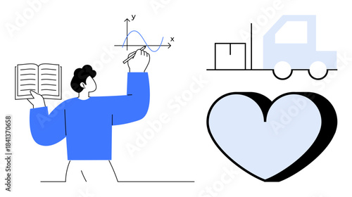 Education, logistics, emotional connection, creativity, learning, delivery services. A person teaching from a book with graphs, a truck logistics and a heart symbol. Education and logistics concept