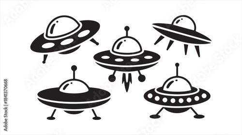 Black UFO silhouette pack representing alien ships, science fiction themes, and space-related graphic elements