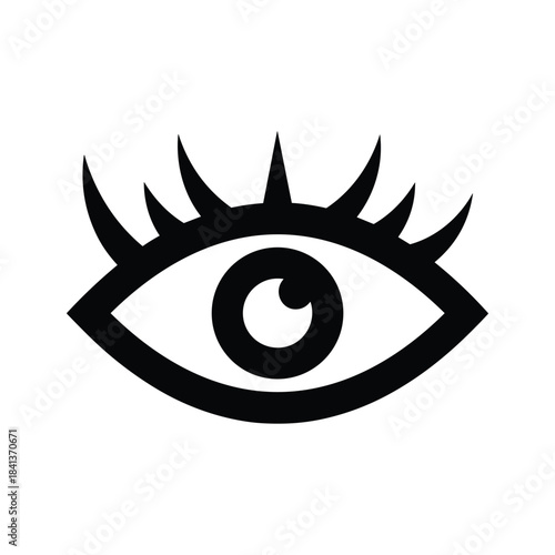 Black and white icon of an eye with long eyelashes, simple graphic symbol