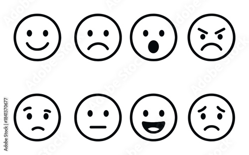 Set of eight cartoon emoji faces expressing various emotions