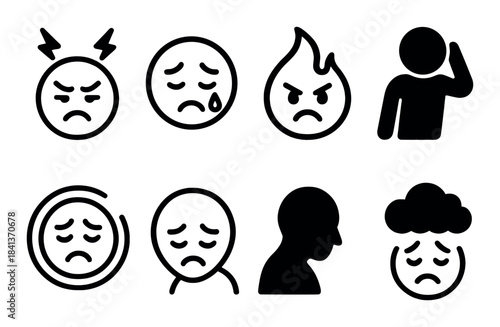 Set of eight emotional icons depicting various feelings and expressions