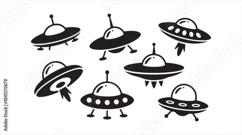 Flying saucer symbol set featuring stylized extraterrestrial vehicles with beams and antennas for futuristic designs