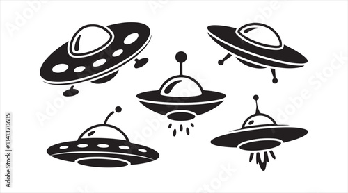 Collection of cartoon UFO icons showing flying saucers and alien spacecraft silhouettes for sci-fi and space illustrations