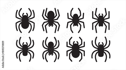 Black spider silhouette set used for insect icons, decorative graphics, wildlife symbols, and thematic illustration