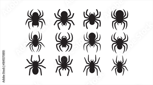 Spider symbol collection featuring diverse shapes and poses for pest control, wildlife education, and graphic design projects