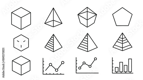 Set of 12 basic geometric shapes and charts icons in line art style, including cube, pyramid, pentagon and graphs