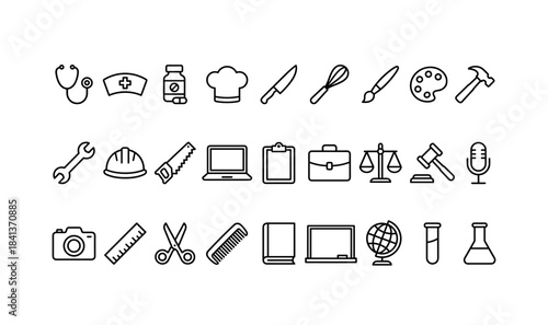 Line icons representing diverse professions including medicine, culinary, and law
