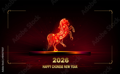 Happy Chinese New Year 2026. Illustration with a golden, exquisite fire horse on a podium.