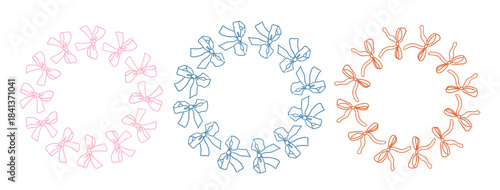 Three circular frames made of bows in pink, blue, and orange delineations forming whimsical decorations