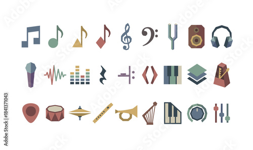 Stylized music icons: instruments, notes, and sound elements in geometric design