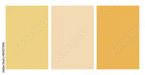 Set of yellow legal pad pages with lined or grid designs