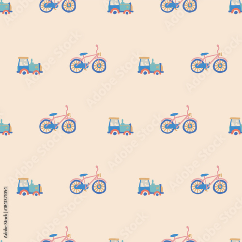 Cars and Construction Vector Seamless Pattern Vehicles Pattern Seamless Vector Design with Diggers, Bikes Excavators