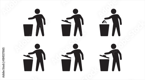 Garbage bin usage pictograms illustrating correct trash handling steps for hygiene and public awareness signage
